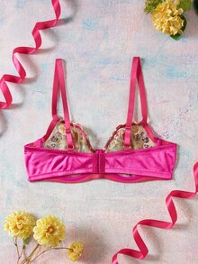 Elorette Bra Push-Up Berkawat Warna Merah Mawar dengan Bordir Motif Bunga, Romantis dan Elegan Ukuran Plus - Hot Pink - View 2