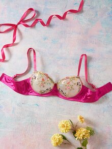 Elorette Bra Push-Up Berkawat Warna Merah Mawar dengan Bordir Motif Bunga, Romantis dan Elegan Ukuran Plus - Hot Pink - View 5