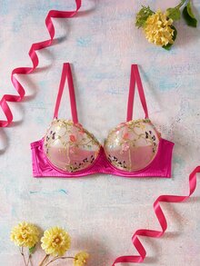 Elorette Bra Push-Up Berkawat Warna Merah Mawar dengan Bordir Motif Bunga, Romantis dan Elegan Ukuran Plus - Hot Pink - View 1