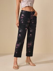 Selenza Fall Casual Slim Fit Cuffed Graphic Ankle Length Black Denim Daily Wear Washed Jeans For Women - Black - View 3