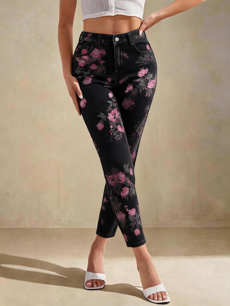Selenza Fall Casual Slim Fit Cuffed Graphic Ankle Length Black Denim Daily Wear Washed Jeans For Women - Black - View 1