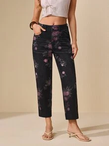 Selenza Fall Casual Slim Fit Cuffed Graphic Ankle Length Black Denim Daily Wear Washed Jeans For Women - Black - View 7