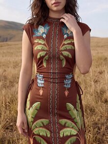 CAJUNI 女款熱帶圖案鏤空無袖圓領度假風洋裝 - 棕色 - 查看 5