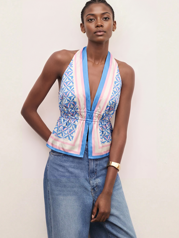 CAJUNI Women's Street Style Striped Geometric Print Halter Neck Tank Top - Baby Pink - View 1