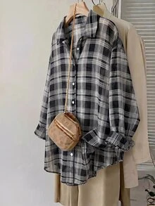 SHEIN CURVE+ Plus Size Long Sleeve Casual Striped Shirt,Fall Women Clothes - Black - View 5