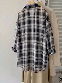 SHEIN CURVE+ Plus Size Long Sleeve Casual Striped Shirt,Fall Women Clothes - Black - View 2
