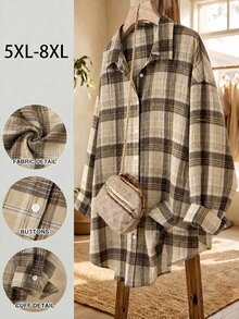 SHEIN CURVE+ Plus Size Long Sleeve Casual Striped Shirt,Fall Women Clothes - Brown - View 1