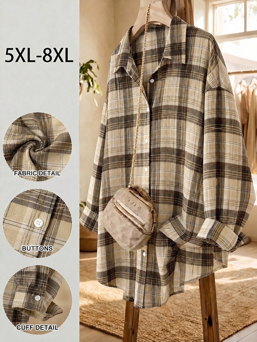 SHEIN CURVE+ Plus Size Long Sleeve Casual Striped Shirt,Fall Women Clothes - Brown - View 1