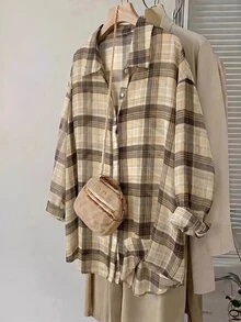 SHEIN CURVE+ Plus Size Long Sleeve Casual Striped Shirt,Fall Women Clothes - Brown - View 5