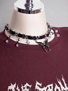 SHEIN ICON 大尺碼女款蕾絲拼接字母骷髏印花休閒哥德風T恤洋裝，適合秋季萬聖節演唱會夜店派對，酒紅色 - 酒紅色 - 查看 7