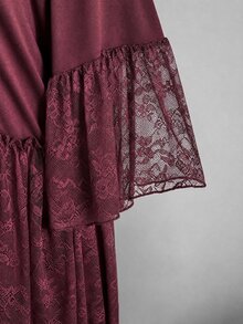 SHEIN ICON 大尺碼女款蕾絲拼接字母骷髏印花休閒哥德風T恤洋裝，適合秋季萬聖節演唱會夜店派對，酒紅色 - 酒紅色 - 查看 8