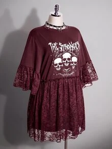 SHEIN ICON 大尺碼女款蕾絲拼接字母骷髏印花休閒哥德風T恤洋裝，適合秋季萬聖節演唱會夜店派對，酒紅色 - 酒紅色 - 查看 5
