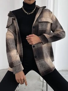 EMERY ROSE Abrigo con estampado de cuadros con bolsillo con solapa - Café integral - Ver 4