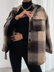 EMERY ROSE Abrigo con estampado de cuadros con bolsillo con solapa - Café integral - Ver 3