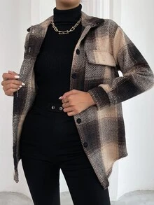 EMERY ROSE Abrigo con estampado de cuadros con bolsillo con solapa - Café integral - Ver 6
