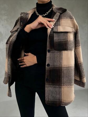 EMERY ROSE Plaid Print Flap Pocket Overcoat Fall Winter Cloth For Women