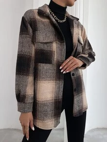 EMERY ROSE Abrigo con estampado de cuadros con bolsillo con solapa - Café integral - Ver 5