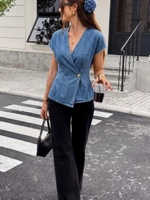Serisse Women's Overlap V-Neck Short Sleeve Button Design Denim Top - Medium Wash - View 3