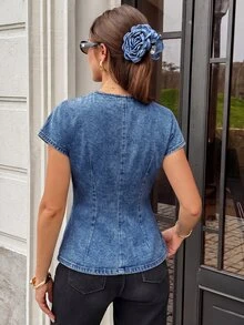 Serisse Women's Overlap V-Neck Short Sleeve Button Design Denim Top - Medium Wash - View 2
