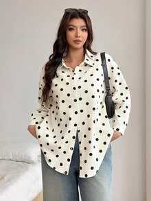 SHEIN CURVE+ Women's Plus Size Fashion Casual 1960s 1920 Vintage Denim Polka Dot Shirt Going Out Evening Black And White - Black and White - View 7