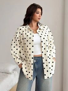 SHEIN CURVE+ Women's Plus Size Fashion Casual 1960s 1920 Vintage Denim Polka Dot Shirt Going Out Evening Black And White - Black and White - View 5