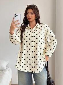 SHEIN CURVE+ Women's Plus Size Fashion Casual 1960s 1920 Vintage Denim Polka Dot Shirt Going Out Evening Black And White - Black and White - View 4