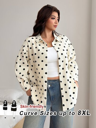 SHEIN CURVE+ Women's Plus Size Fashion Casual Denim Polka Dot Shirt