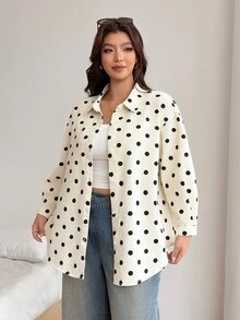 SHEIN CURVE+ Women's Plus Size Fashion Casual 1960s 1920 Vintage Denim Polka Dot Shirt Going Out Evening Black And White - Black and White - View 6