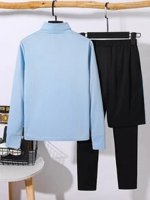 SHEIN 兒童青少年男孩休閒運動立領半拉鍊藍色長袖黑色2合1防走光長褲舒適運動服適合通勤上學日常休閒外出適合運動適合春夏秋冬 - 藍色 - 查看 6