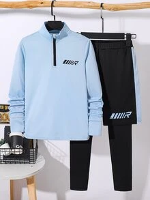 SHEIN 兒童青少年男孩休閒運動立領半拉鍊藍色長袖黑色2合1防走光長褲舒適運動服適合通勤上學日常休閒外出適合運動適合春夏秋冬 - 藍色 - 查看 4