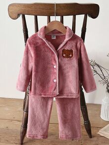 2pcs Baby Girls' Plush Bear Embroidered Long Sleeve Cardigan Top And Pants Pajama Set Fall Autumn/Winter Home Pink And Brown Light Cute Soft Cozy - Pink - View 4