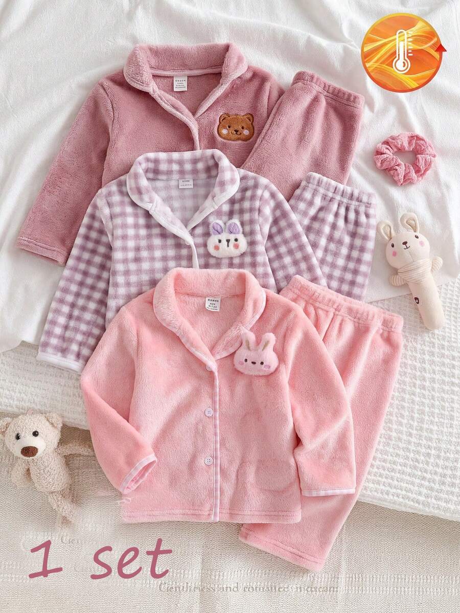 2pcs Baby Girls' Plush Bear Embroidered Long Sleeve Cardigan Top And Pants Pajama Set Fall Autumn/Winter Home Pink And Brown Light Cute Soft Cozy