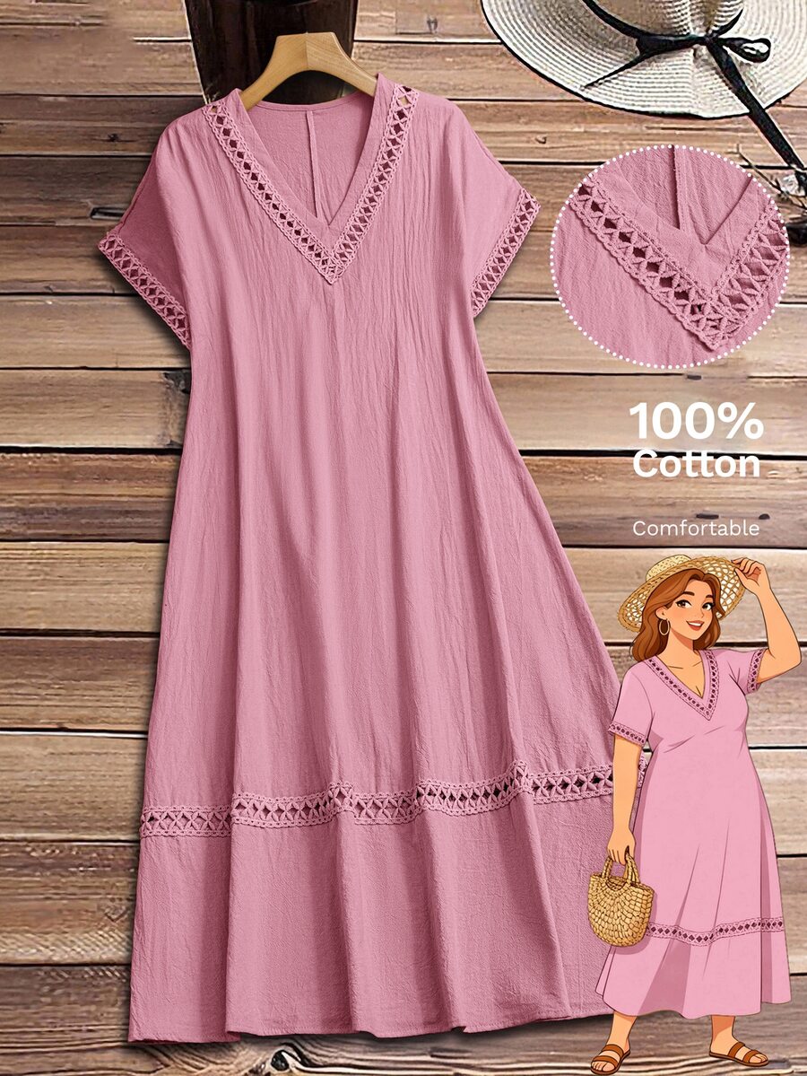 Rusticease Plus Size Women's Summer Boho Casual Bohemian Vacation Holiday Dress,Dusty Pink Solid Color V-Neck Short Sleeve Long Dresses,Spring Break Outfits - Pink - View 1
