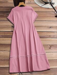 Rusticease Plus Size Women's Summer Boho Casual Bohemian Vacation Holiday Dress,Dusty Pink Solid Color V-Neck Short Sleeve Long Dresses,Spring Break Outfits - Pink - View 3