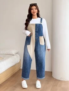 SHEIN CURVE+ Plus Size Colorblock Two-Tone Denim Overalls With Pockets - Blue - View 3