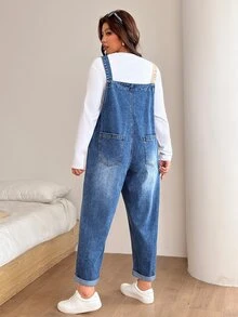 SHEIN CURVE+ Plus Size Colorblock Two-Tone Denim Overalls With Pockets - Blue - View 2