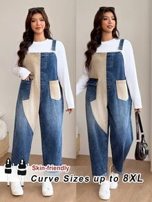 SHEIN CURVE+ Plus Size Colorblock Two-Tone Denim Overalls With Pockets - Blue - View 8