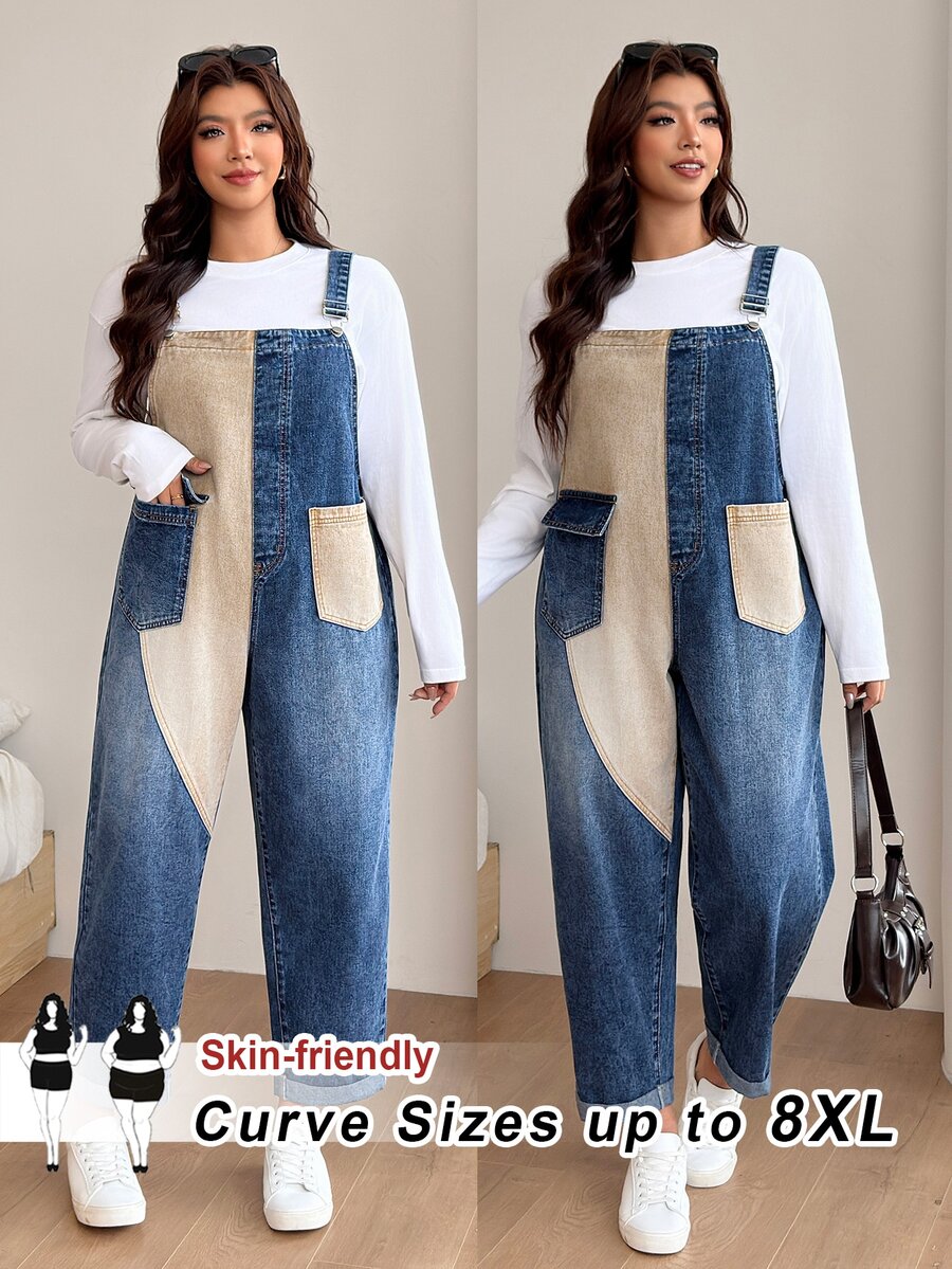 SHEIN CURVE+ Plus Size Colorblock Two-Tone Denim Overalls With Pockets - Blue - View 1