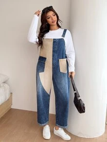 SHEIN CURVE+ Plus Size Colorblock Two-Tone Denim Overalls With Pockets - Blue - View 4