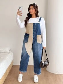 SHEIN CURVE+ Plus Size Colorblock Two-Tone Denim Overalls With Pockets - Blue - View 7