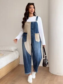 SHEIN CURVE+ Plus Size Colorblock Two-Tone Denim Overalls With Pockets - Blue - View 6