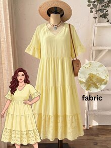 Rusticease Plus Size Women's Deep V-Neck Ruffle Sleeve Multi-Tiered Hem Long Butter Yellow Dress For Summer Beach Vacation Formal Vacation Outfit Boho Casual - Multicolor - View 1