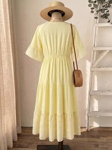Rusticease Plus Size Women's Deep V-Neck Ruffle Sleeve Multi-Tiered Hem Long Butter Yellow Dress For Summer Beach Vacation Formal Vacation Outfit Boho Casual - Multicolor - View 2
