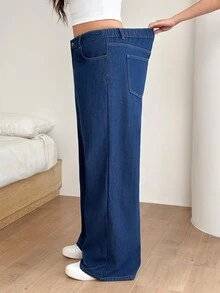 SHEIN CURVE+ 大尺碼女款口袋鈕扣寬腿休閒牛仔褲 - 藍色 - 查看 5