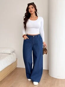 SHEIN CURVE+ 大尺碼女款口袋鈕扣寬腿休閒牛仔褲 - 藍色 - 查看 7
