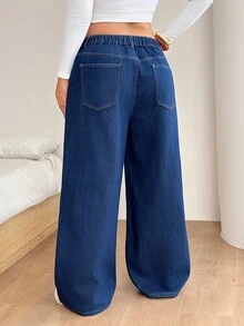SHEIN CURVE+ 大尺碼女款口袋鈕扣寬腿休閒牛仔褲 - 藍色 - 查看 2