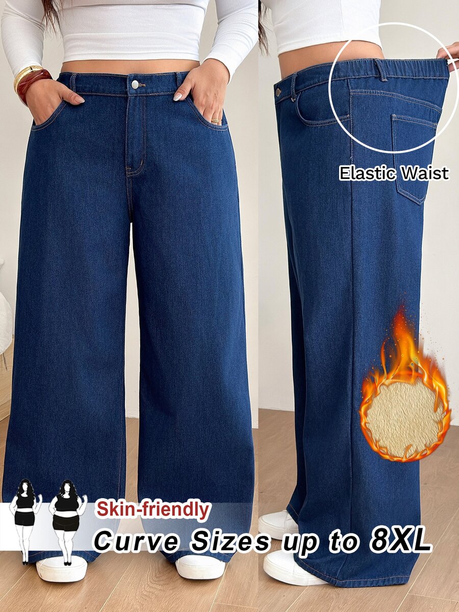 SHEIN CURVE+ Plus Size Women's Pocket Button Wide Leg Casual Denim Jeans - Blue - View 1