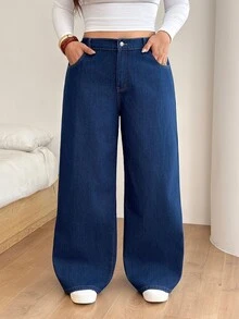 SHEIN CURVE+ 大尺碼女款口袋鈕扣寬腿休閒牛仔褲 - 藍色 - 查看 8