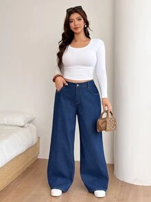 SHEIN CURVE+ 大尺碼女款口袋鈕扣寬腿休閒牛仔褲 - 藍色 - 查看 6