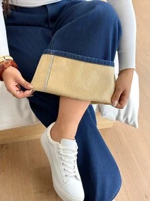 SHEIN CURVE+ 大尺碼女款口袋鈕扣寬腿休閒牛仔褲 - 藍色 - 查看 3